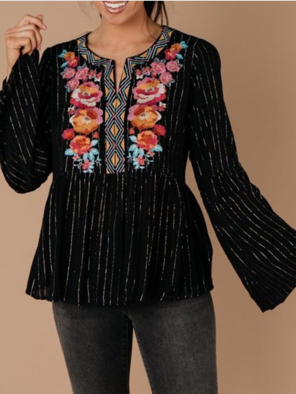 SAVANNA JANE Black Metallic Stripe Floral Embroidered Bell Sleeve Top Boho Sz 1X